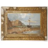 An oil painting, coastal scene with figures beach fishing, boat and cliffs in background, gilt