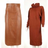 A LOEWE ROLL-NECK KNITTED DRESS, rust coloured with logo detail, together with a Jaspar Conran brown