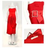 VALENTINO EVENING DRESS, bright red silk mix, of draped design with diamante detail, size 12