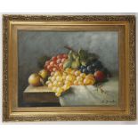 Oil on panel, a still life study of fruit on a farmhouse table, in ornate gilt frame, 30 x 39cm