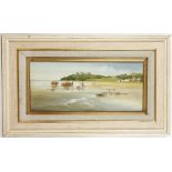 Oil on board, an extensive Welsh beach scene with figures, studio framed, 17 x 39cm