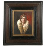 An oil painting portrait of Amy Johnson.  Johnson was a pioneering English aviator, the fist