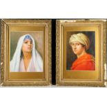 A pair of oil on canvas board portrait studies, the first of an Arab woman in white headdress, the