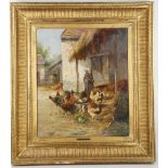 Edmond Van Coppenole, Belgian, 'Feeding the Chickens', oil on canvas, signed lower right, in a