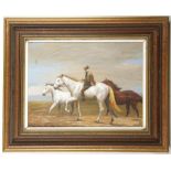 An oil painting study of a horse trader with team of horses, 27 x 37cm