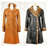 A BACCARAT TAN SUEDE TRENCH COAT, mid 1970s, together with an unlabelled black leather coat with