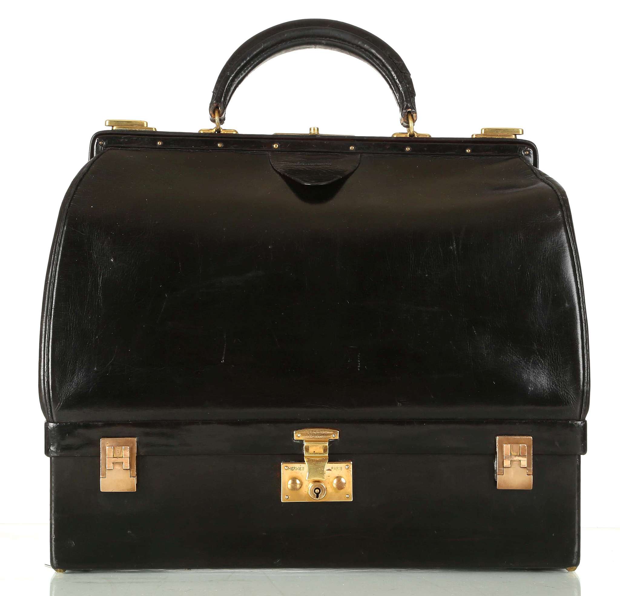 A RARE HERMES SAC MALLETTE TRAVEL CASE, 1960s, black box leather with ...