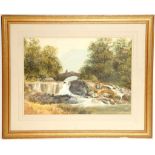 J.T. Parry, a 19th Century watercolour, landscape with angler on a bridge, signed and dated
