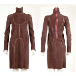 FENDI SUEDE DRESS, brown with metallic structured piping, high neck and long sleeves, zip to back