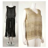 1920s BEADED FLAPPER DRESS, black chiffon decorated all over with silver and black beading, net to