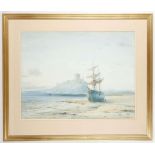 William Baker, 1880-1930, 'The Beached Ship', watercolour, possibly Bamburgh in Northumberland,