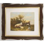 An oil painting pastoral landscape with sheep and chicken in foreground, frame having swept corners,