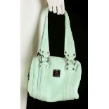 MCM MINI BARREL BAG, mint green leather with silver tone hardware, 22cm wide x 20cm high