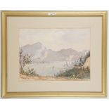 P.M. Pearsons, 1965, watercolour sketch of Hong Kong, depicting a seascape with mountains in rolling