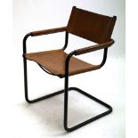 A MID 20th CENTURY CANTILEVER CHAIR DESIGNED BY MARCEL BREUER, with brown leather seat and back