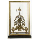 A brass skeleton clock with fusee and striking movement, enamelled cartouches with Roman numerals,