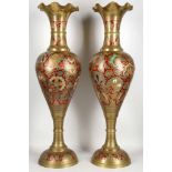 A pair of Turkish brass petal rim vases, floral and fan enamel decoration, 77cm high