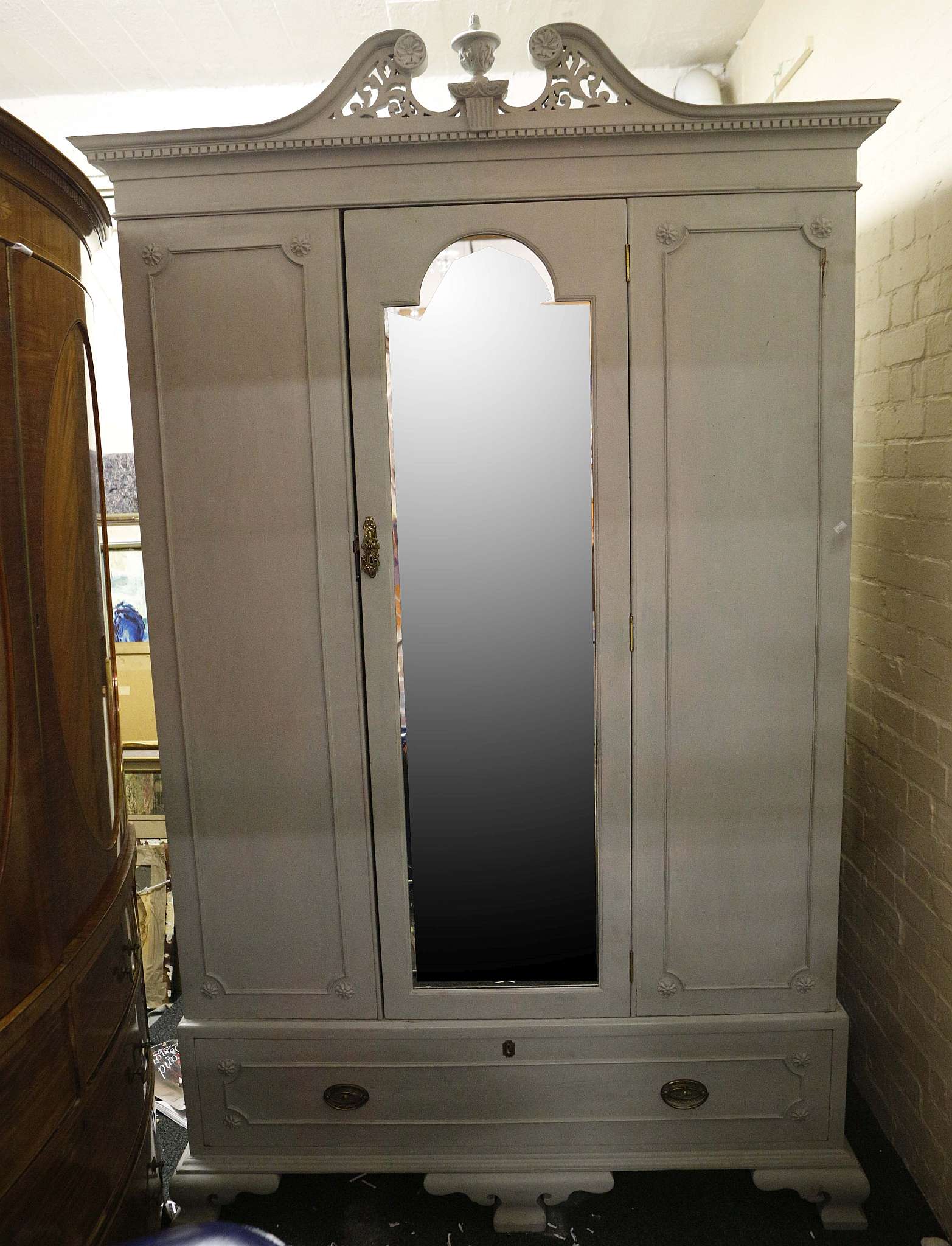 French vintage grey painted mirror door wardrobe, scroll pediment with urn finial, set over single
