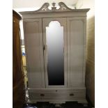 French vintage grey painted mirror door wardrobe, scroll pediment with urn finial, set over single