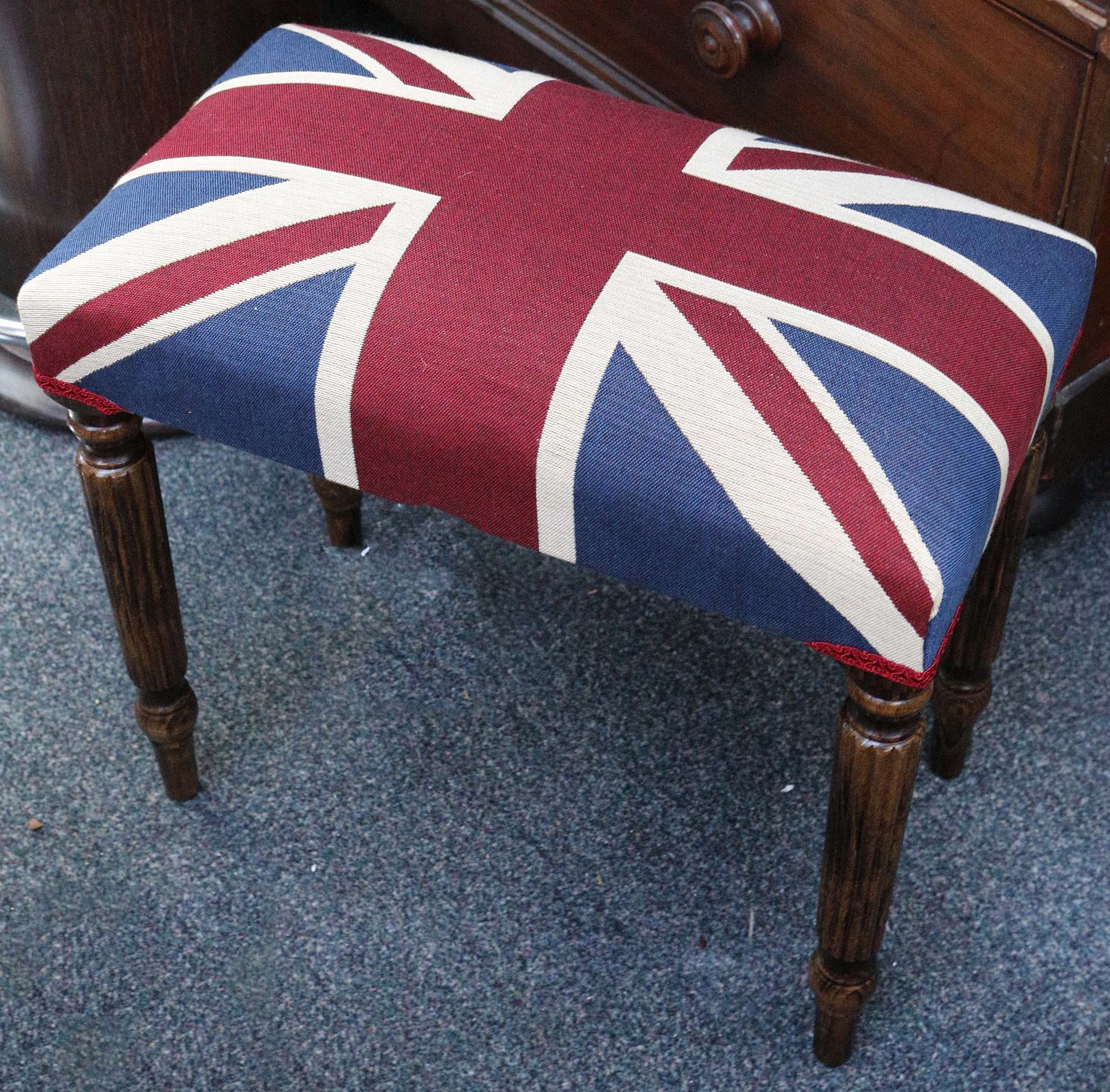 A pair of stools with carved legs, upholstered with the Union Jack flag (2)