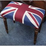 A pair of stools with carved legs, upholstered with the Union Jack flag (2)