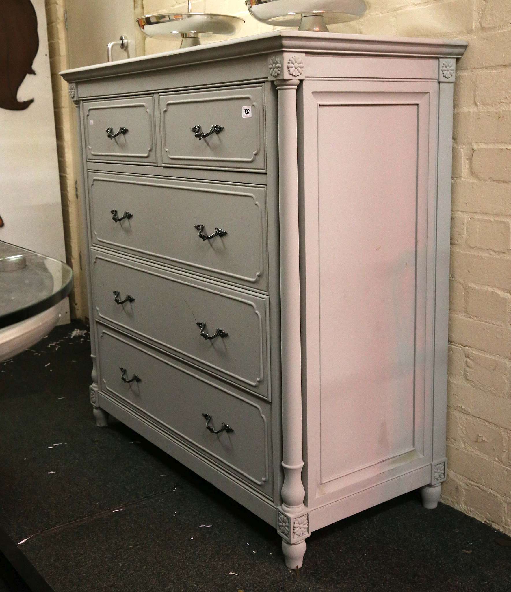A contemporary, French, vintage grey chest of 3 over 3 drawers, with gun metal effect handles