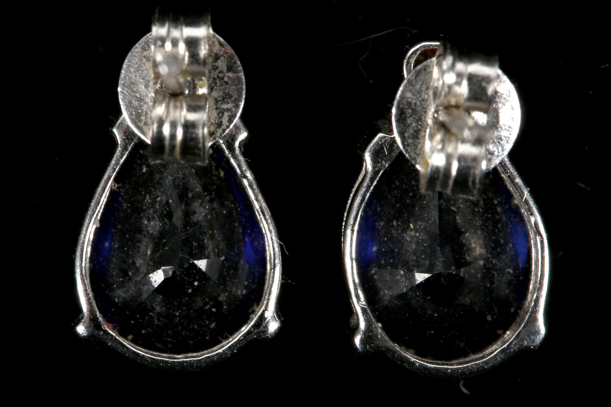 A pair of 14k white gold, diamond and sapphire set earrings (Note: sapphires presumed treated?) - Image 2 of 2