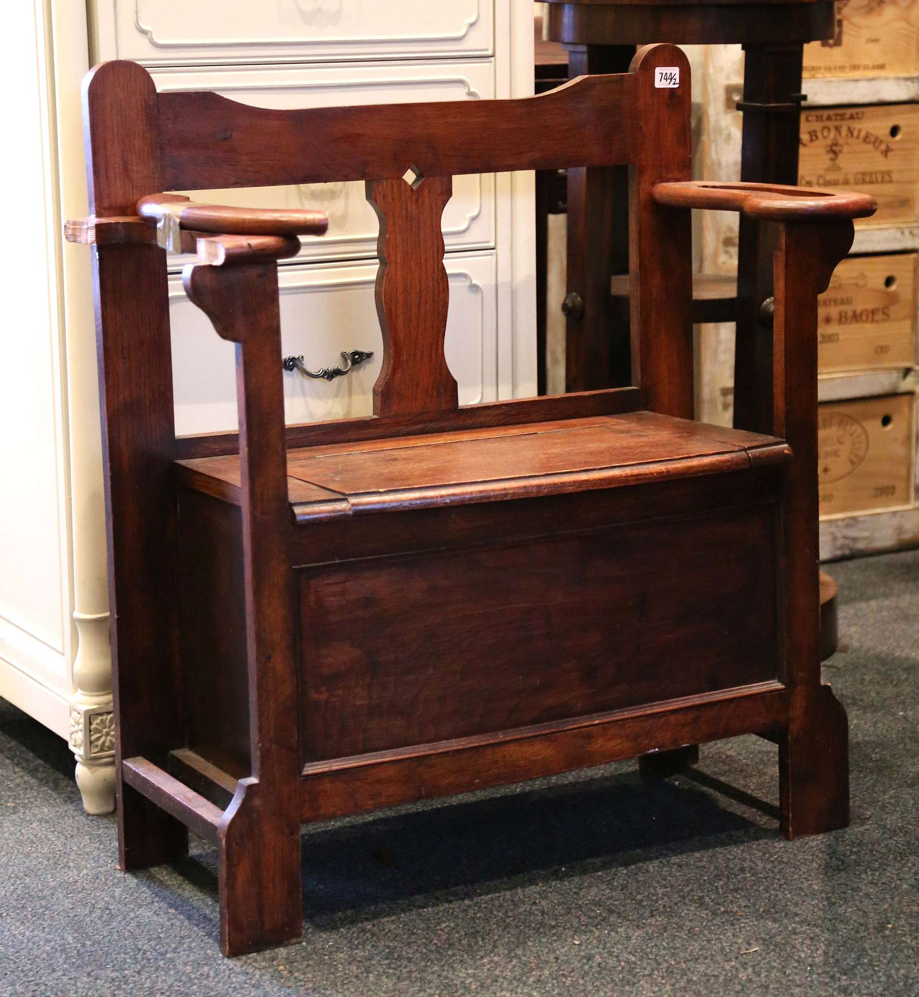 An oak hall seat, 'umbrella' arm,s lift up seat, 84cm wide and a piano box stool (2)