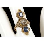 A 19th Century high ct gold dress ring, with mother of pearl (AF), flanked by sapphires in a