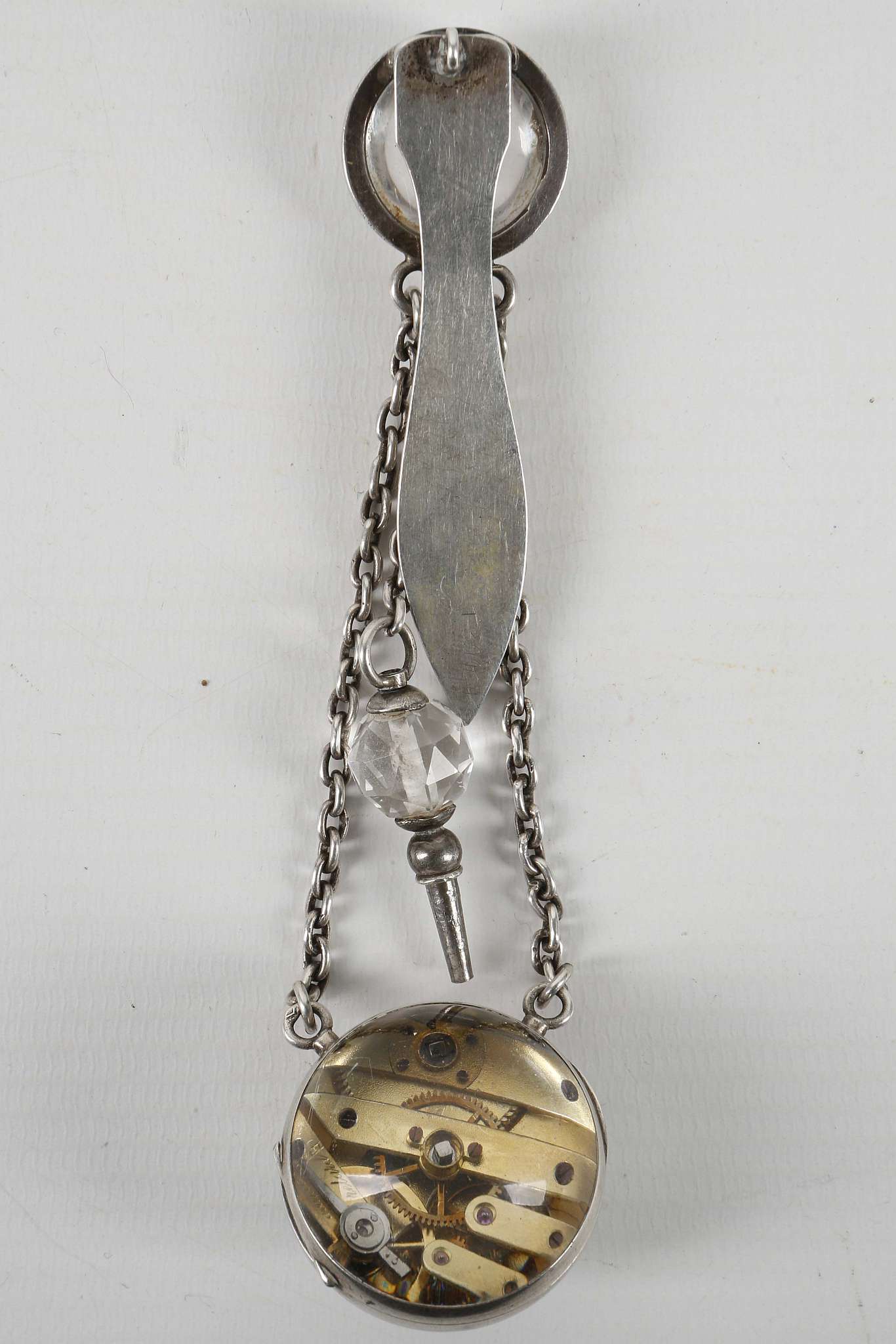 A sterling silver pendant watch on chain with attached clip and key - Image 2 of 2