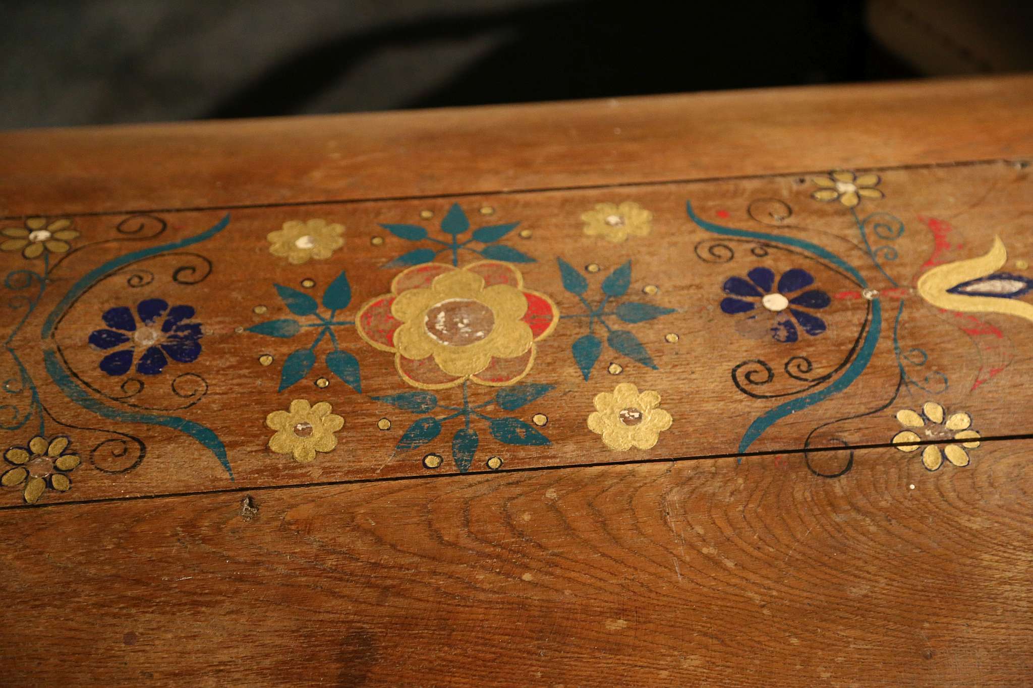 A late 19th Century, painted oak dome top chest with tapering side, elaborate gilt lock plate, - Image 2 of 2