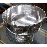 A white metal punch bowl with hanging grapes decoration, 37cm w x 25.5cm h