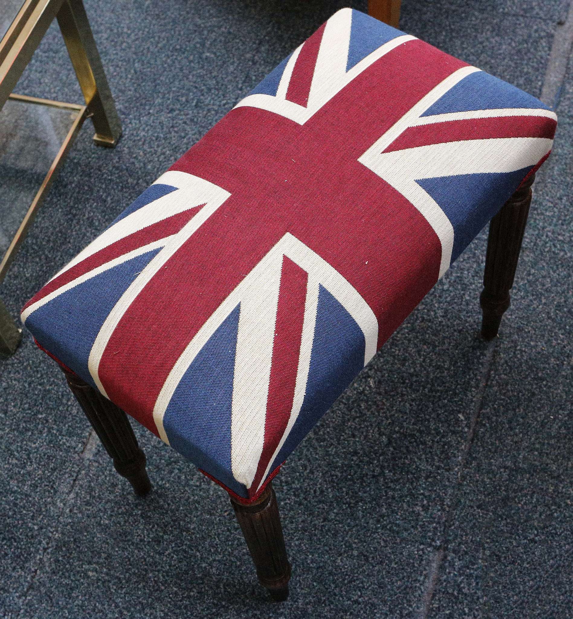 A pair of stools with carved legs, upholstered with the Union Jack flag (2) - Image 2 of 2