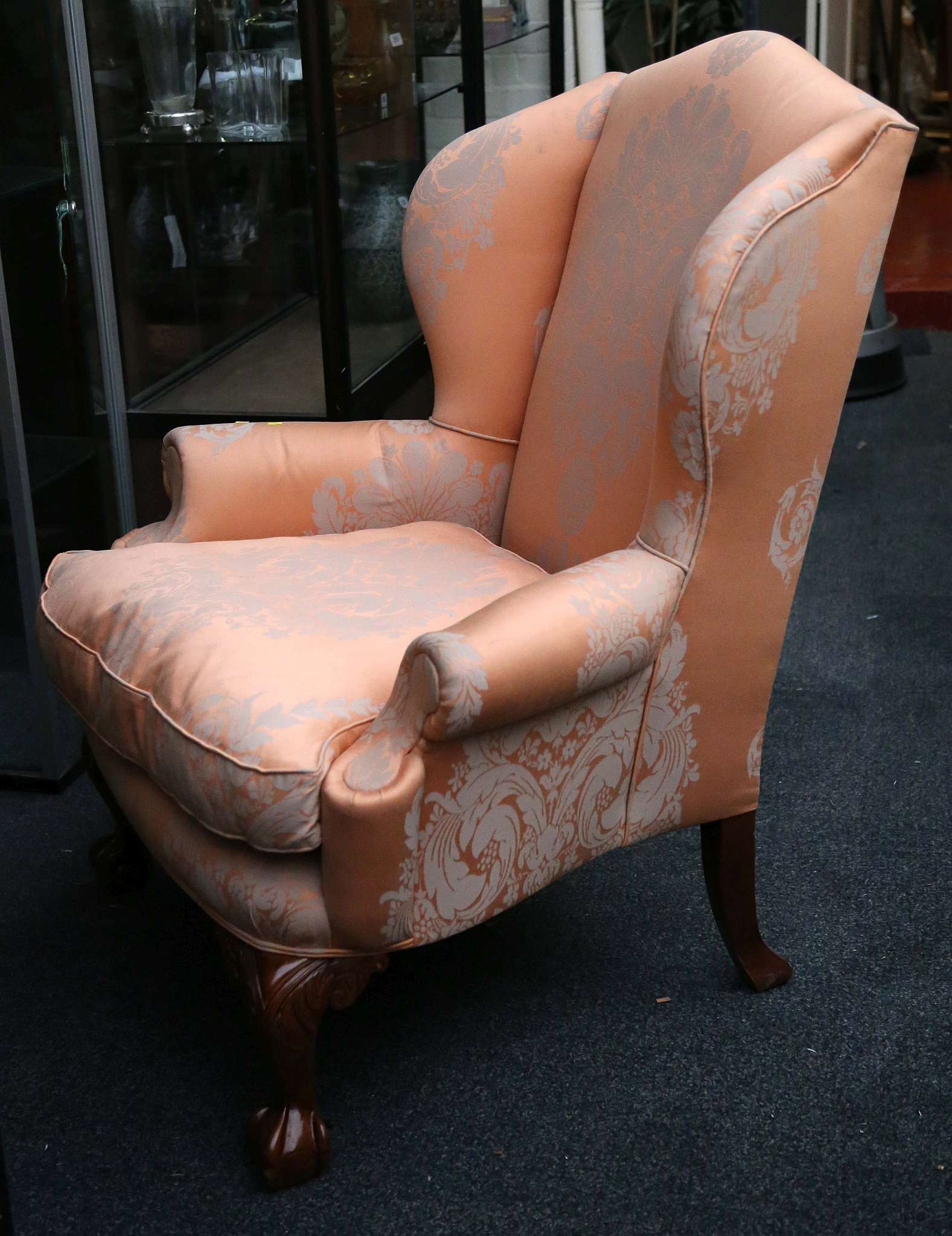 A George I style wing armchair, upholstered in ora - Image 3 of 3