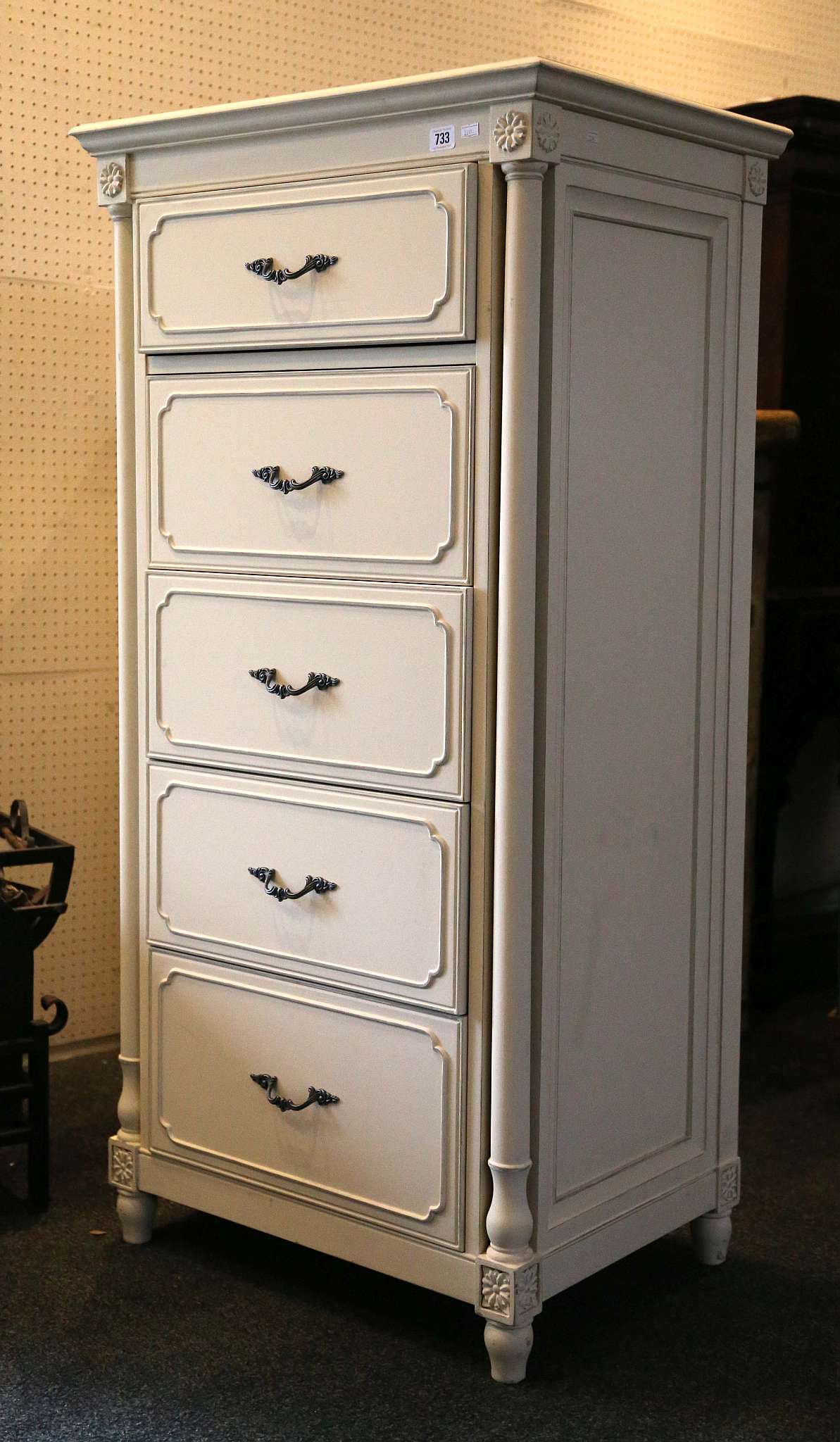 A contemporary French vintage, cream painted narrow chest of 5 drawers, with gun metal effect