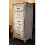 A contemporary French vintage, cream painted narrow chest of 5 drawers, with gun metal effect