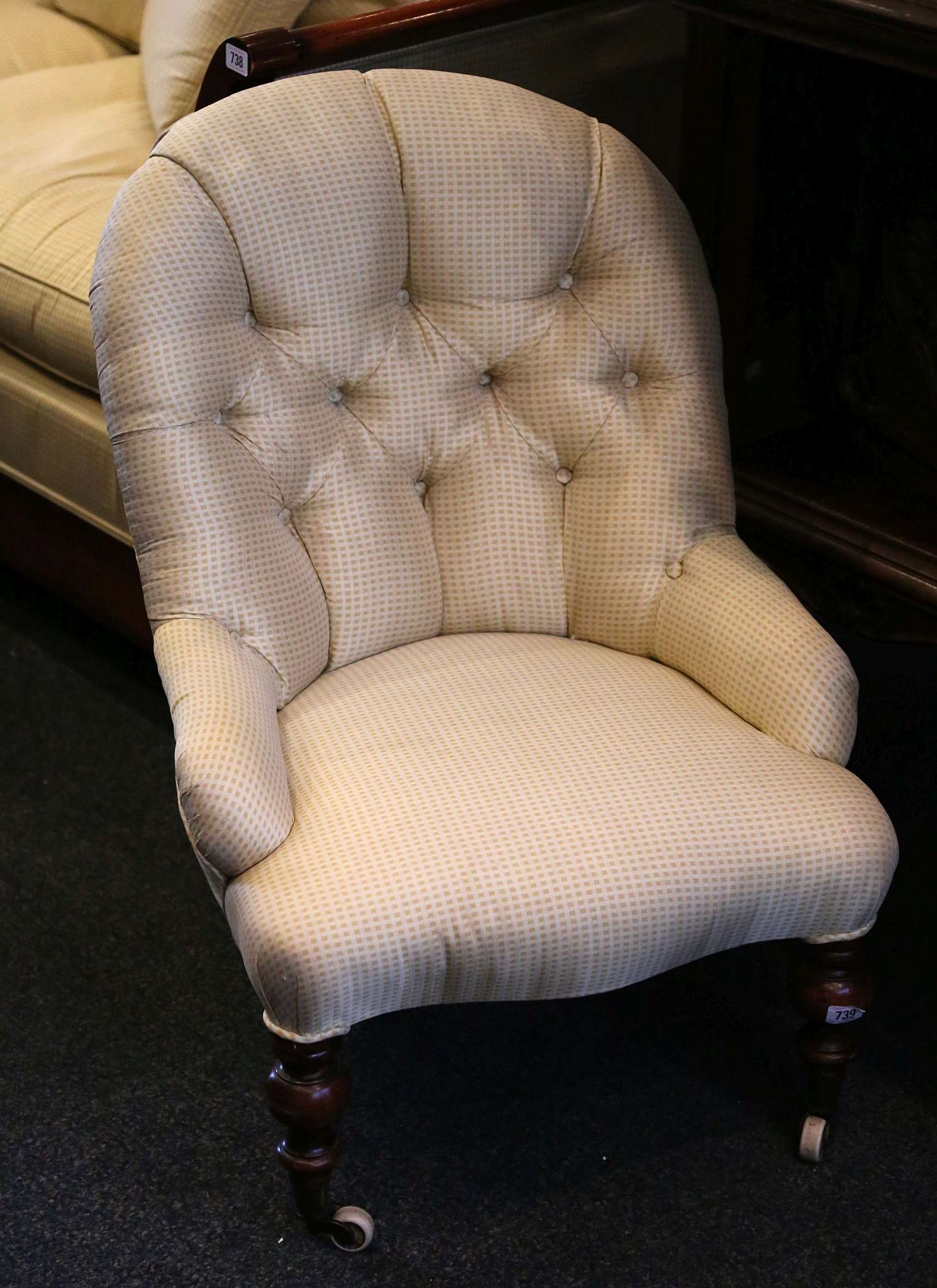 Two button back easy chairs, on turned legs, upholstered in yellow silk - Image 2 of 2