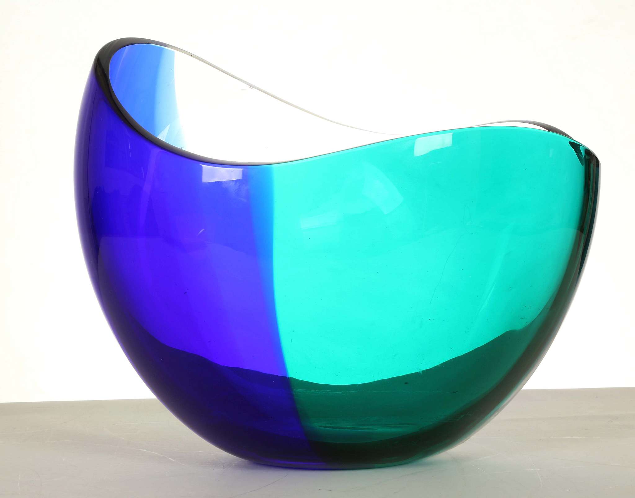 A MODEN MURANO BOWL, with clear, blue and green sections, engraved signature under, (21cm high) - Image 3 of 5