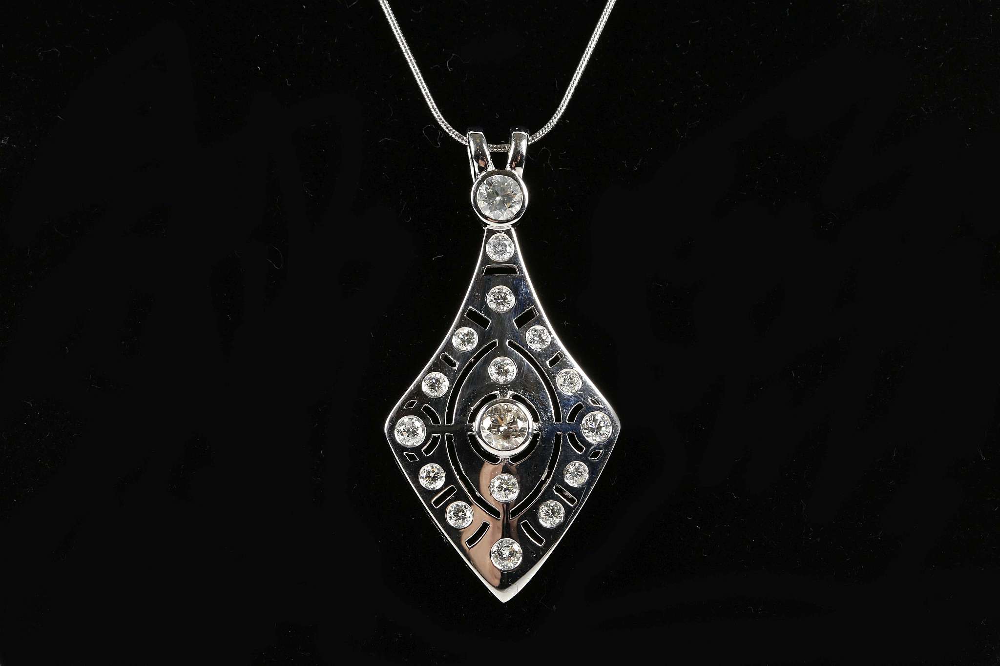 An 18ct white gold, large Art Deco style, pendant 1.96ct, on 18ct white gold snake chain