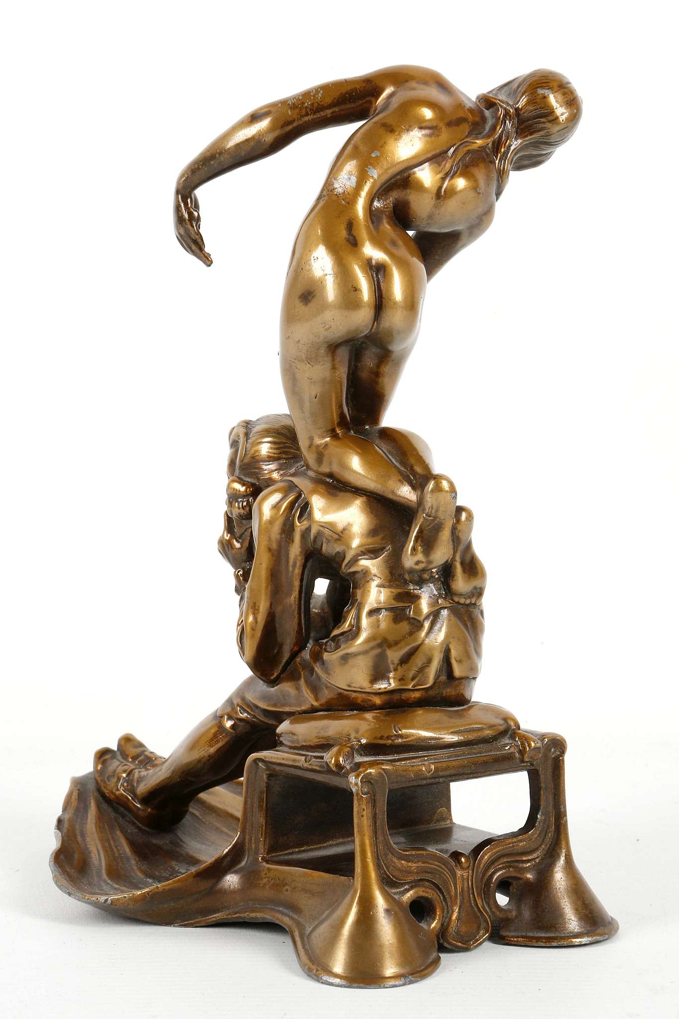An early 20th Century, bronzed vesta holder, depicting a scholar in thought with a naked female - Image 2 of 3