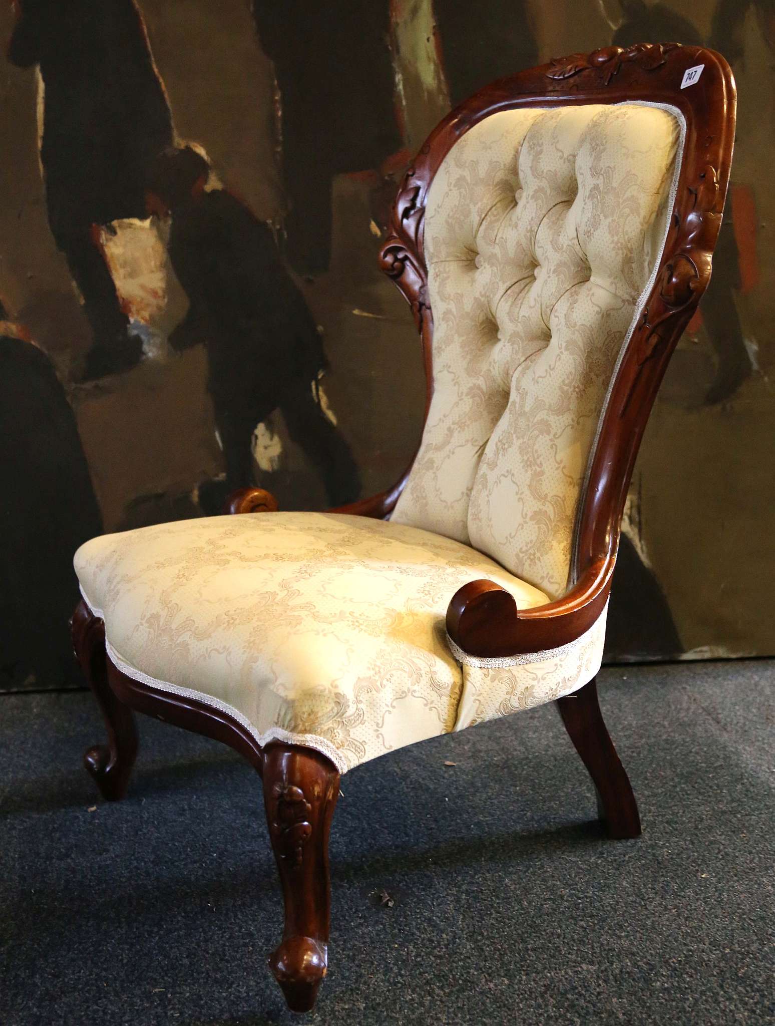 A mahogany salon chair, fruit and nut carving to back, silk decorated buttonback acanthus - Image 2 of 3