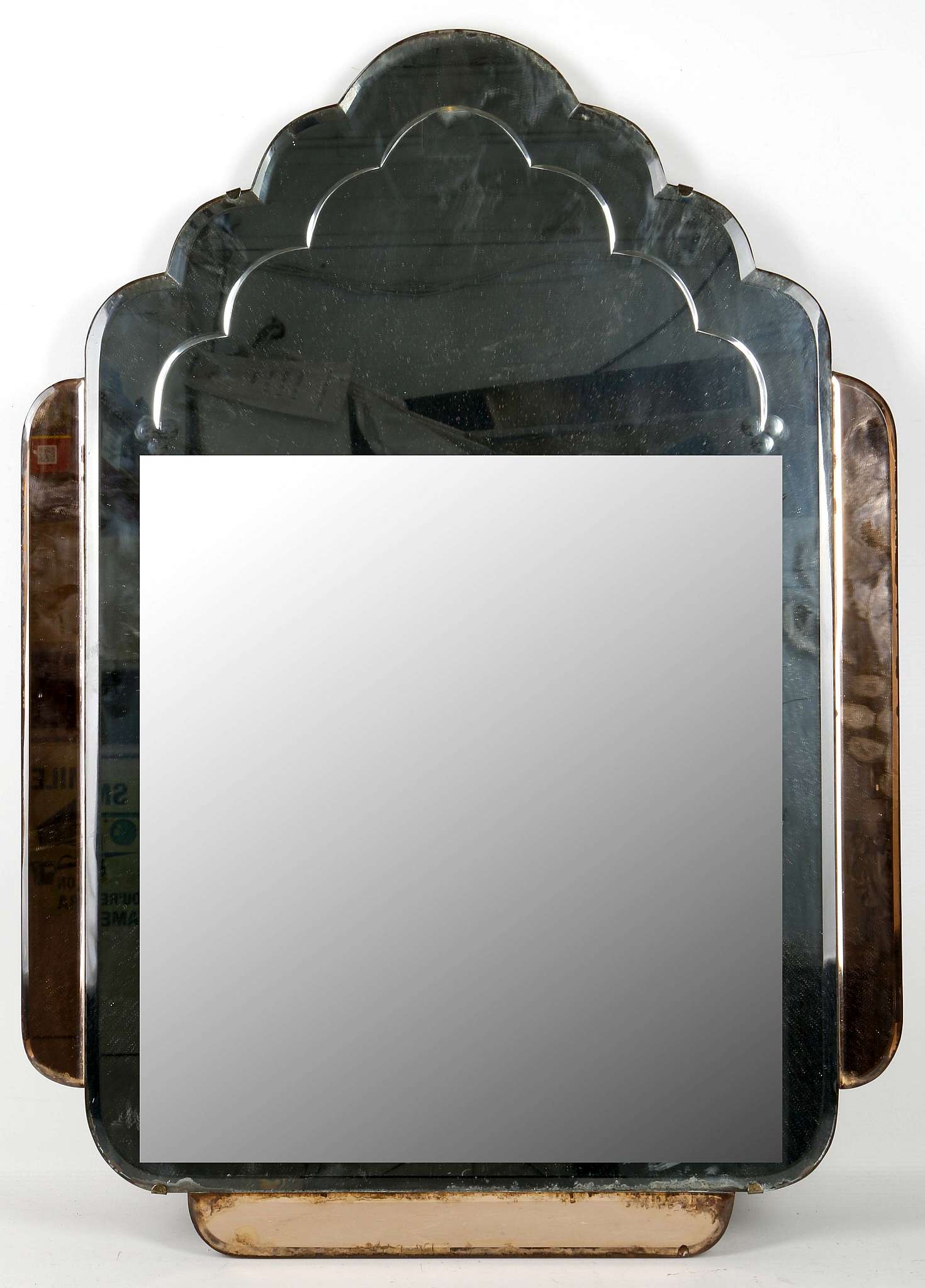 An Art Deco, multi arched top mirror with peach glass slips, a convex mirror with peach glass - Image 4 of 5