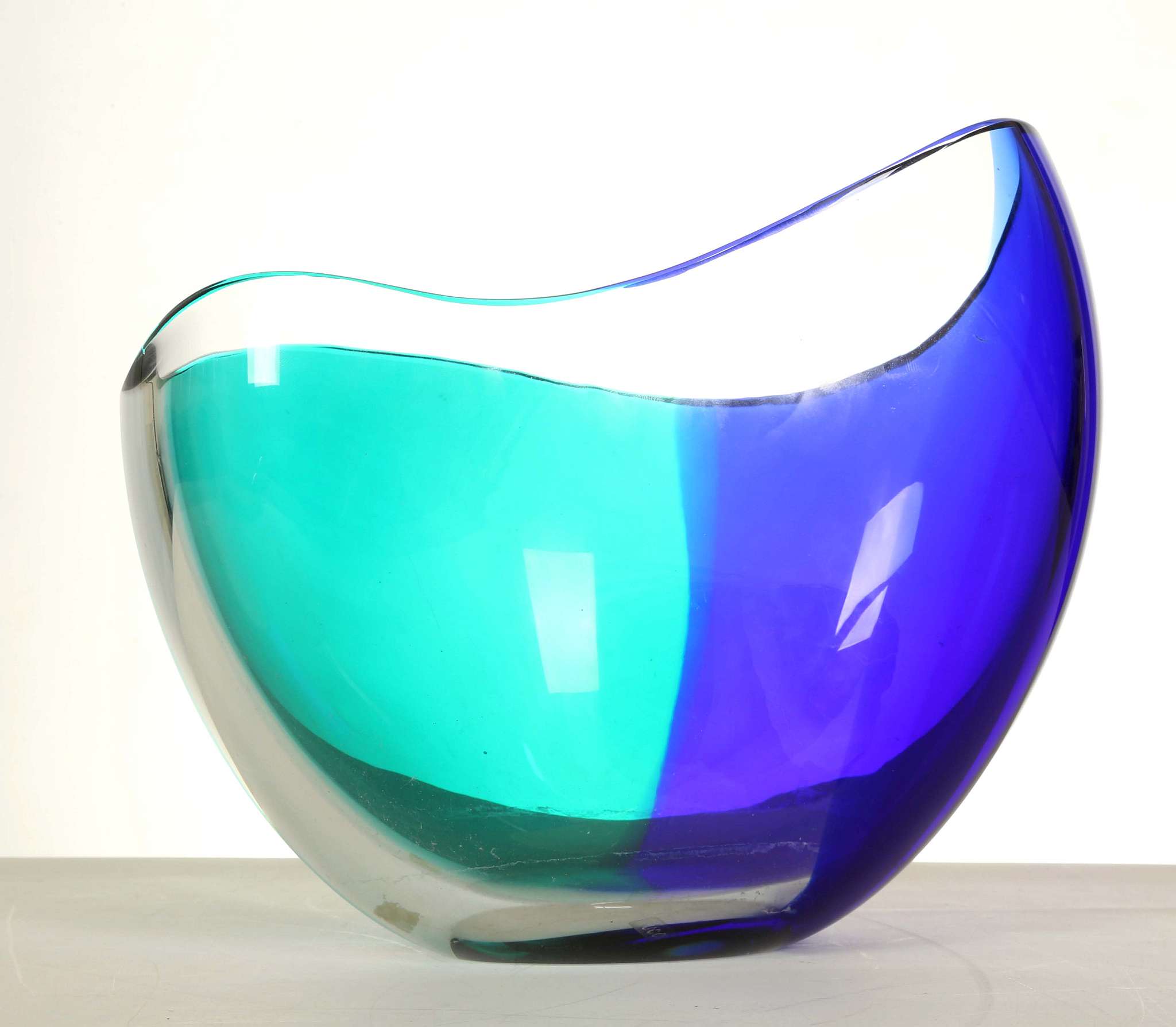 A MODEN MURANO BOWL, with clear, blue and green sections, engraved signature under, (21cm high) - Image 2 of 5