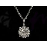 An 18ct white gold diamond cluster pendant, 0.25ct on 18ct white gold chain