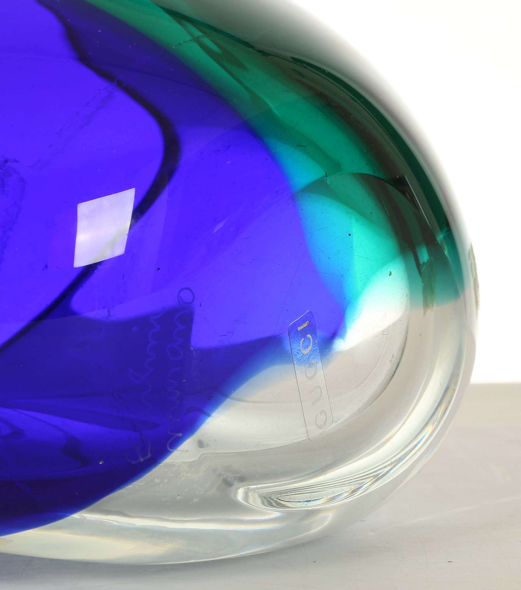 A MODEN MURANO BOWL, with clear, blue and green sections, engraved signature under, (21cm high) - Image 5 of 5