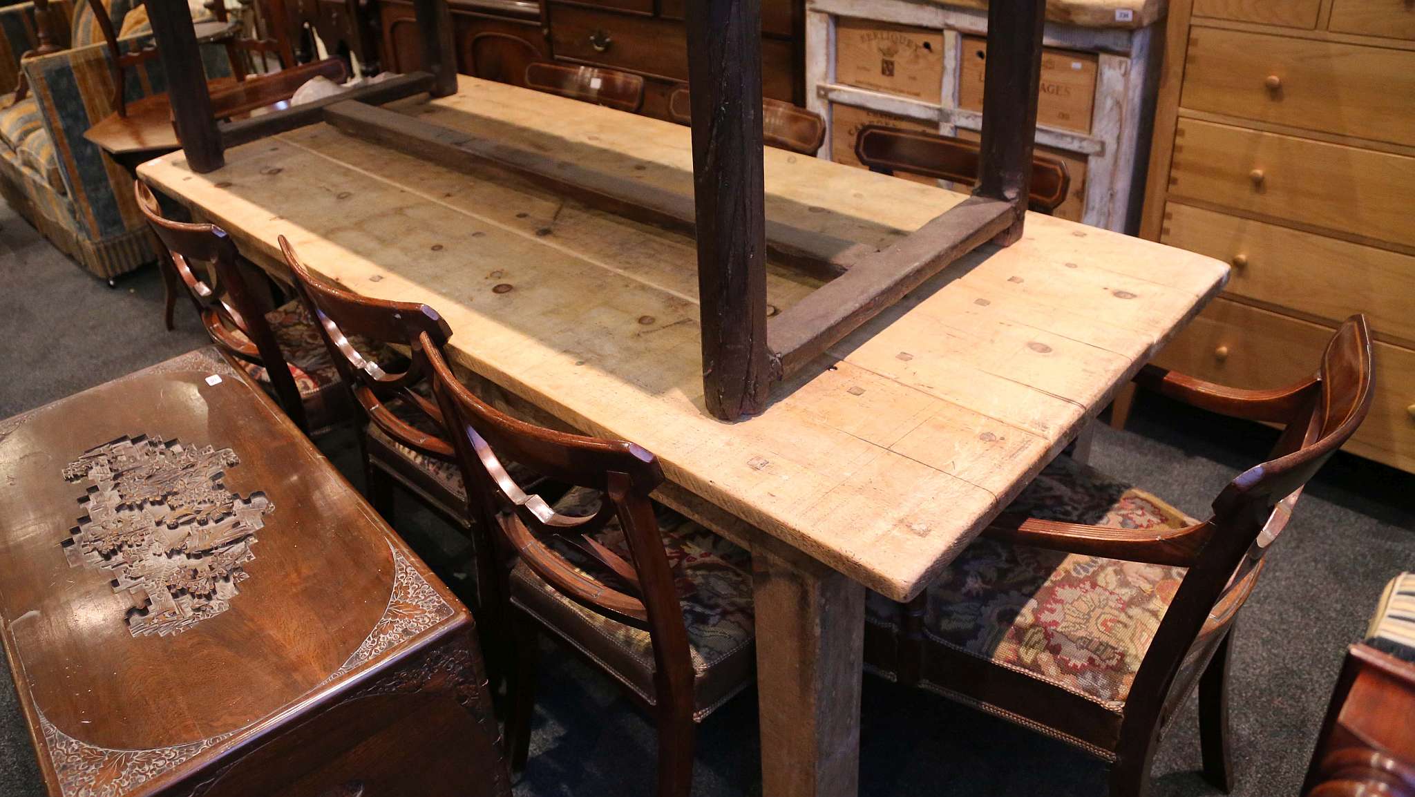 A solid French kitchen plank top table, block legs, 213 x 90cm