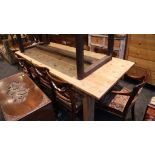 A solid French kitchen plank top table, block legs, 213 x 90cm