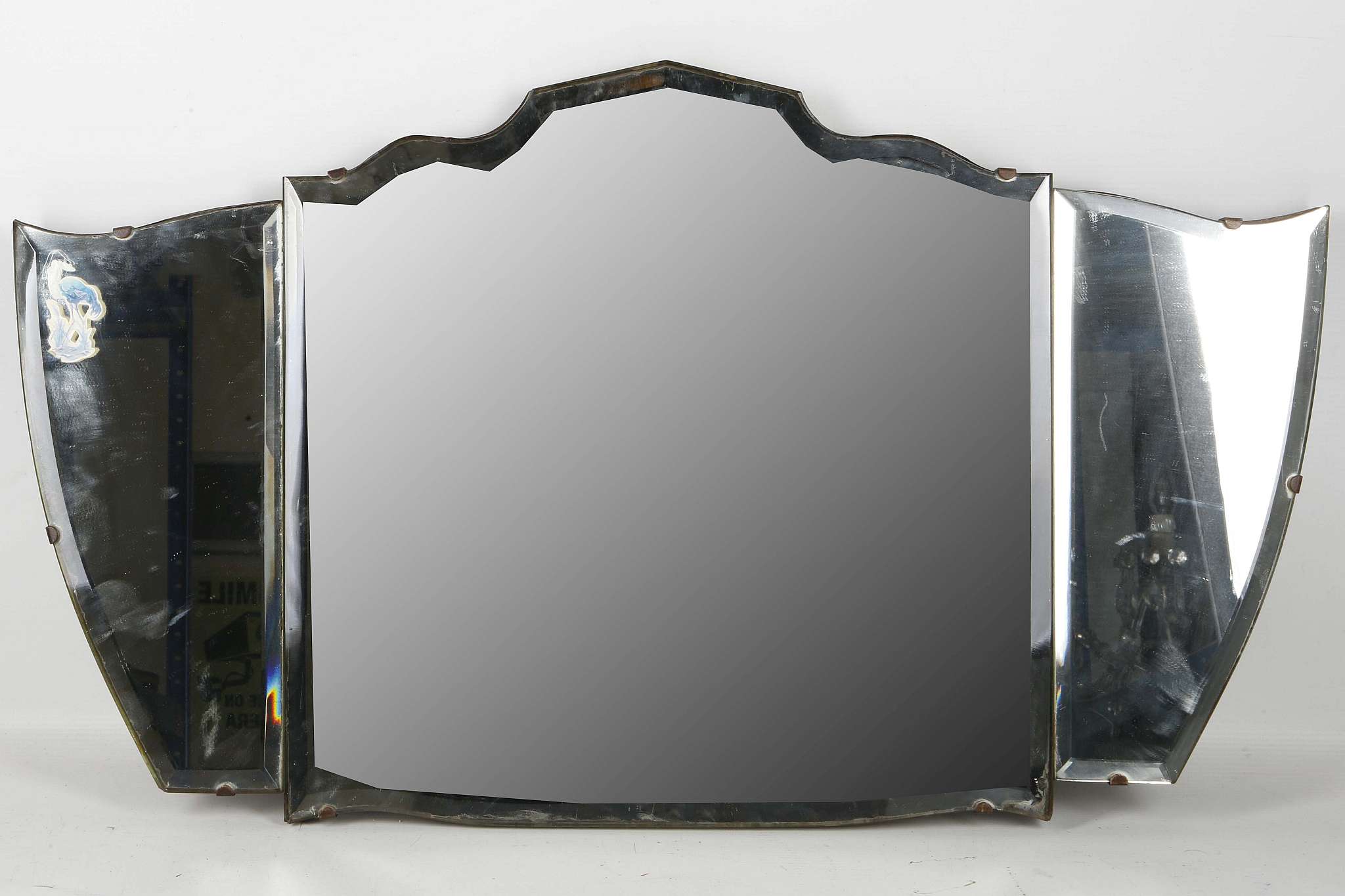 An Art Deco, multi arched top mirror with peach glass slips, a convex mirror with peach glass - Image 3 of 5