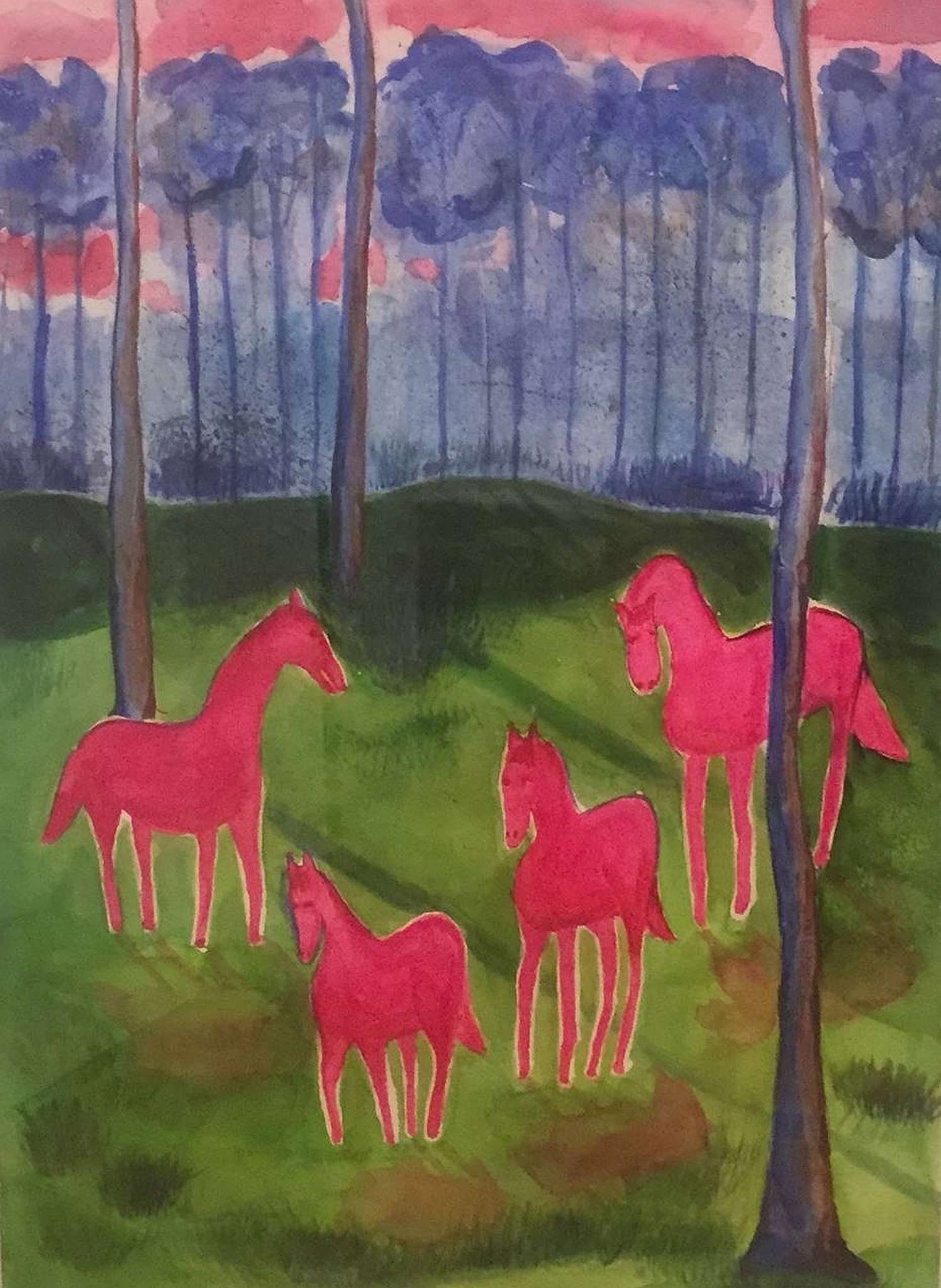 THAI PING WONG, 'PINK HORSES IN AN ENCHANTED FOREST', contemporary watercolour on paper, (42 x