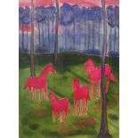 THAI PING WONG, 'PINK HORSES IN AN ENCHANTED FOREST', contemporary watercolour on paper, (42 x